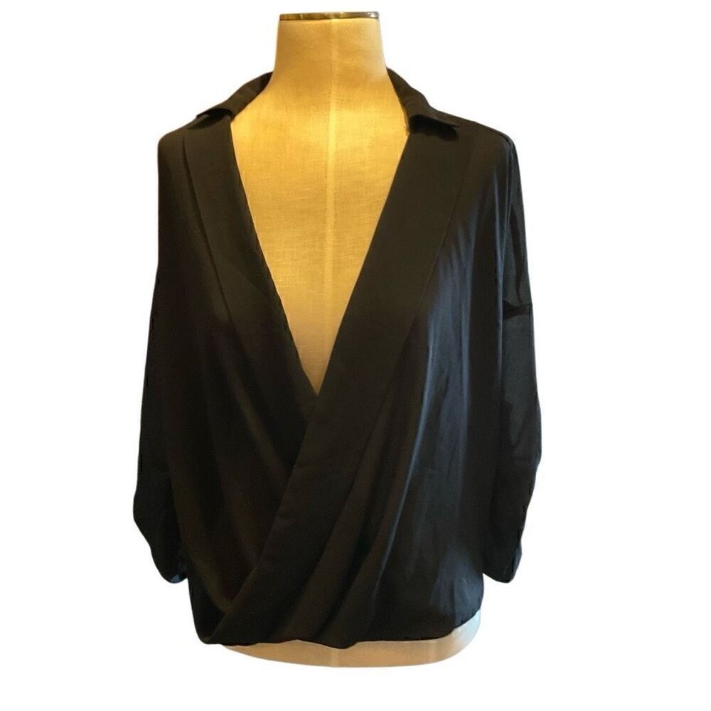 About A Girl Womens Collared Plunging Neck Roll Tab Sleeve Blouse Black Small